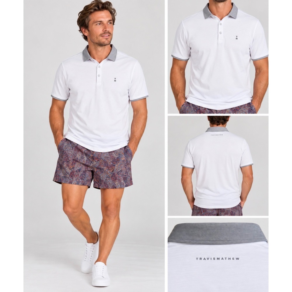 TravisMathew Mens White Grey Contrast Collar Short Sleeve Golf Polo Shirt Large